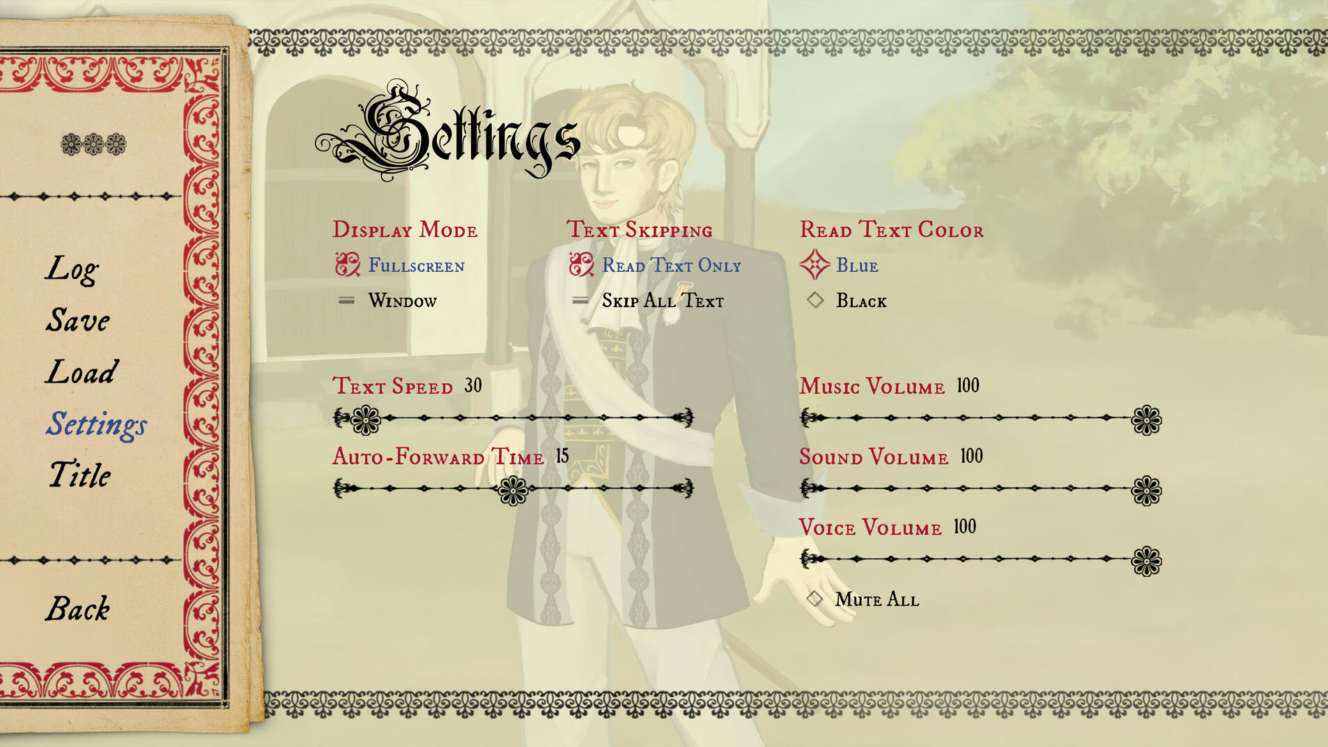 Settings page and main menu
